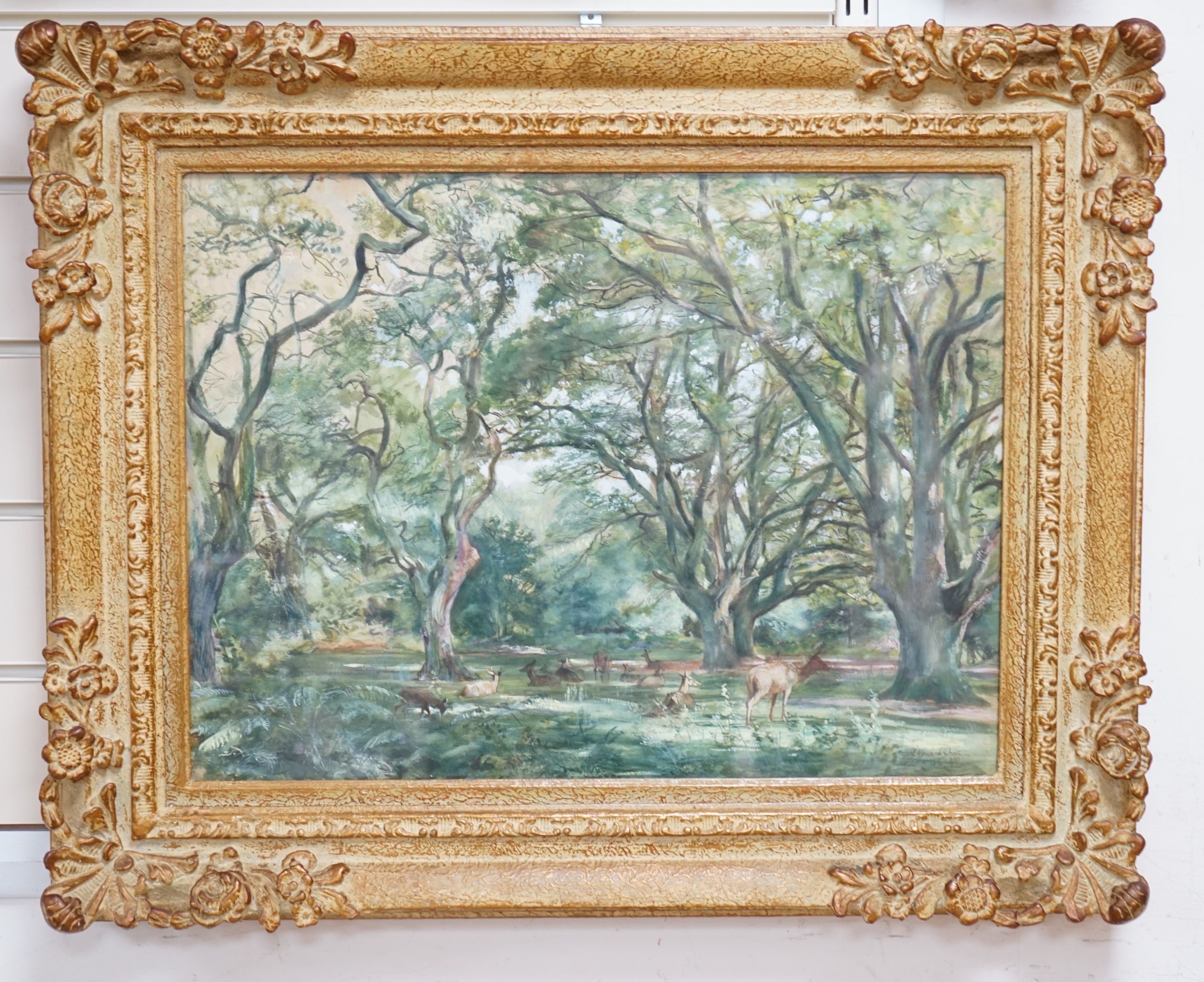 George Howard Short (b.1883), watercolour, Deer in parkland, signed and dated 1910, 37 x 50cm